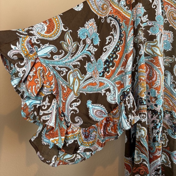 Umgee Multicolor Paisley Brown/Orange/Blue Boho Kimono Wide Ruffle Sleeves - Picture 4 of 9